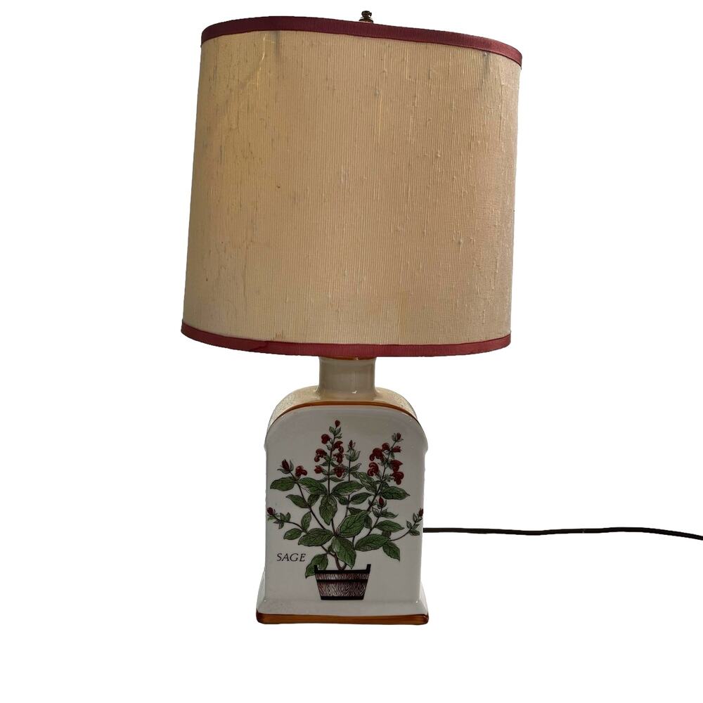 Hand Painted Vintage Rare Porcelain Lamp Sage Leaves Cottagecore Decor
